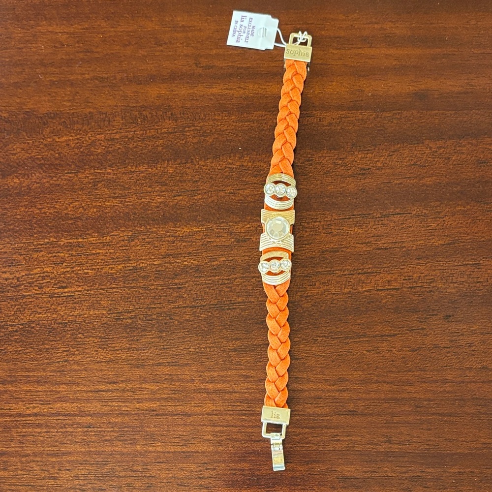 NWT Lia Sophia Orange Braided Bracelet with Clear Rhinestones  and Gold Hardware